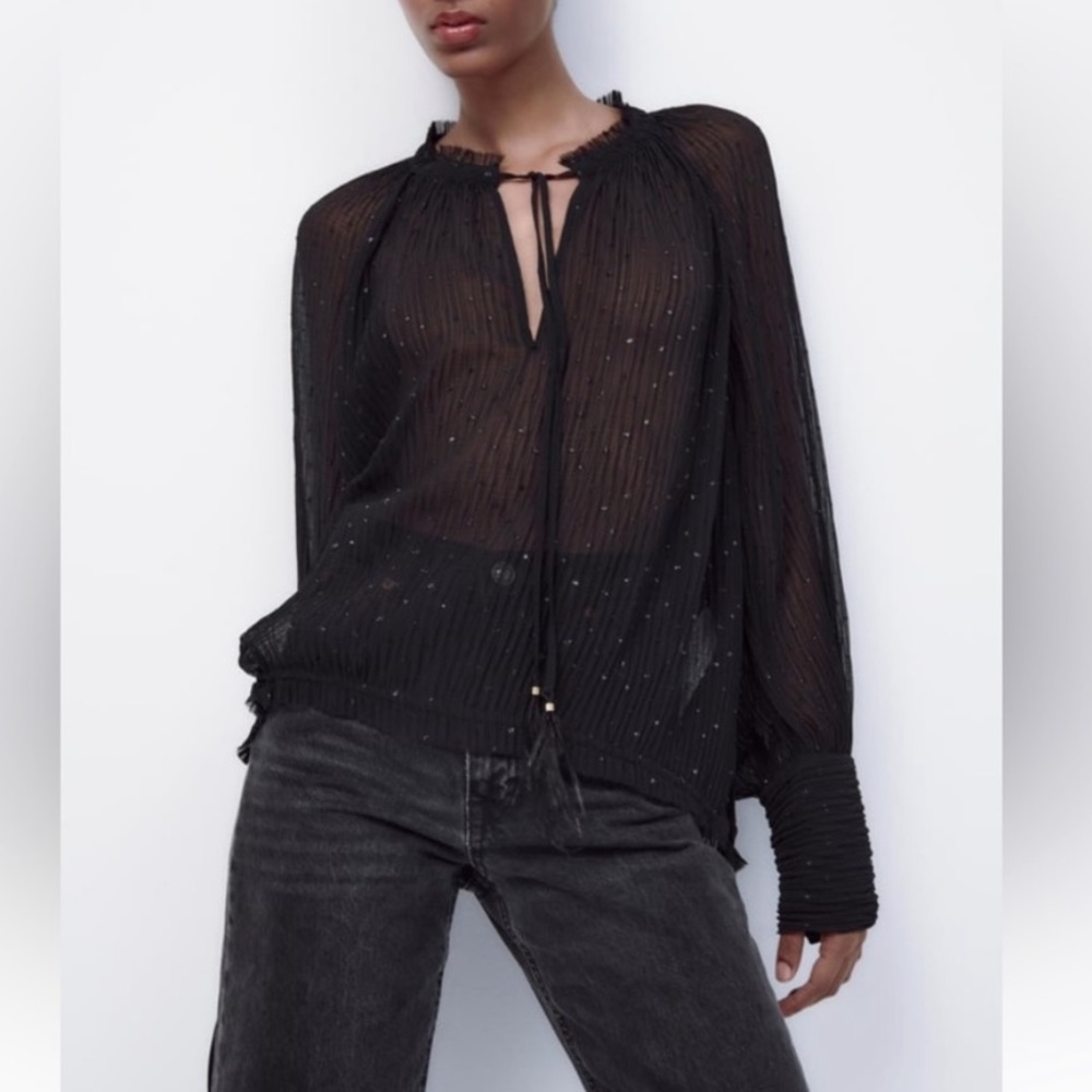 NWT Zara Pleated Swiss Dot Blouse